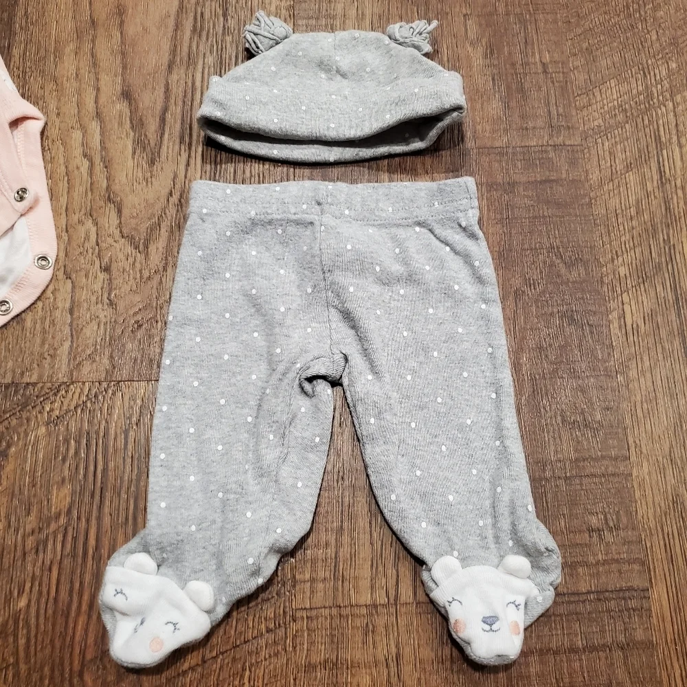 Carters Baby Cotton Matching Set Pink Gray Bear Bodysuit Polka Dot Leggings Hat